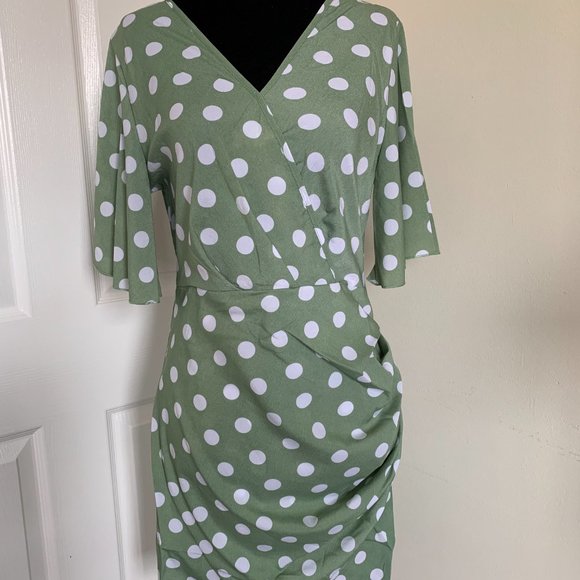 Polka Dot Ruched Detail Dress Green - Picture 4 of 7